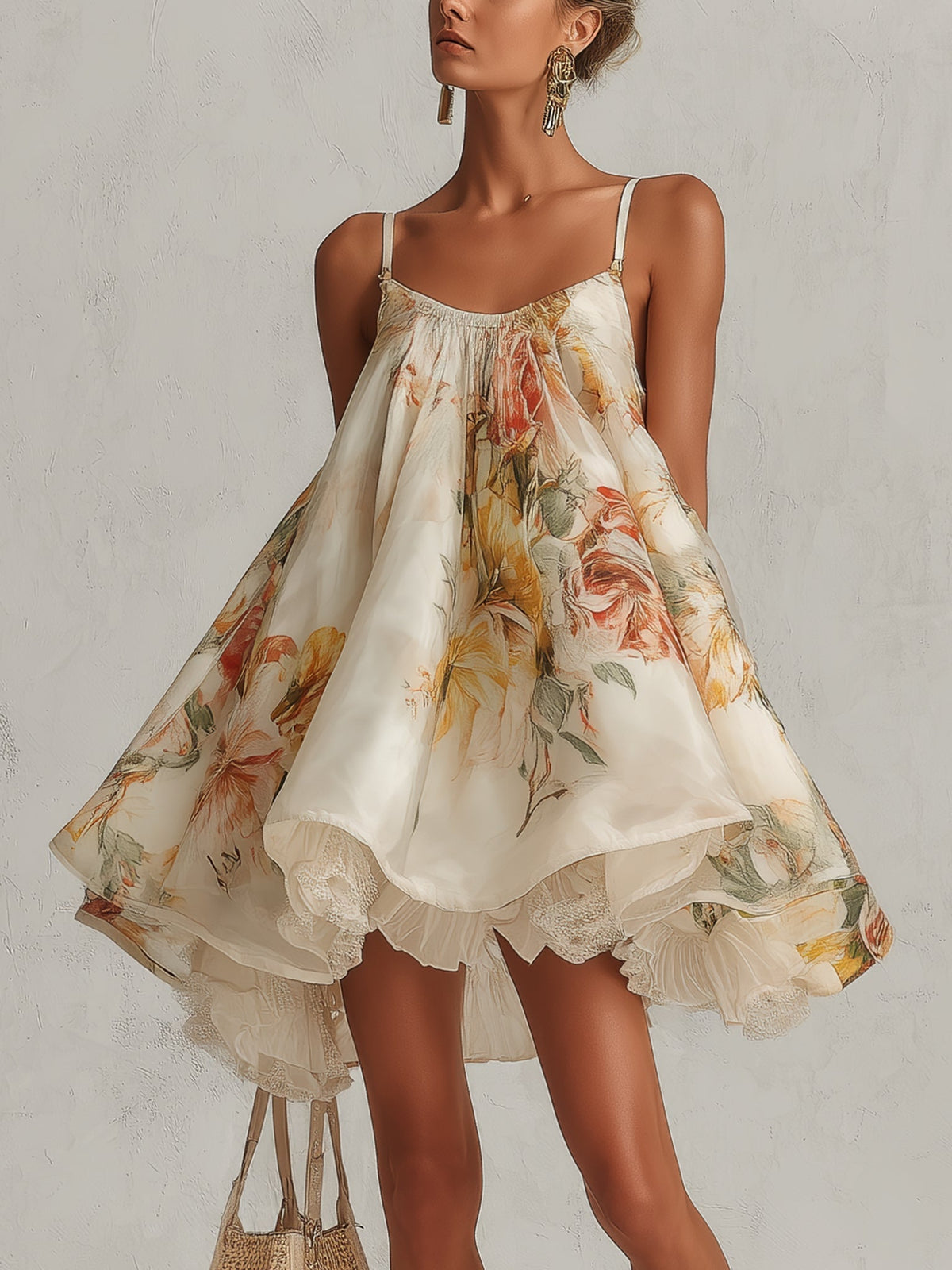 Liliana | Robe courte en organza beige à motif floral et bord en dentelle