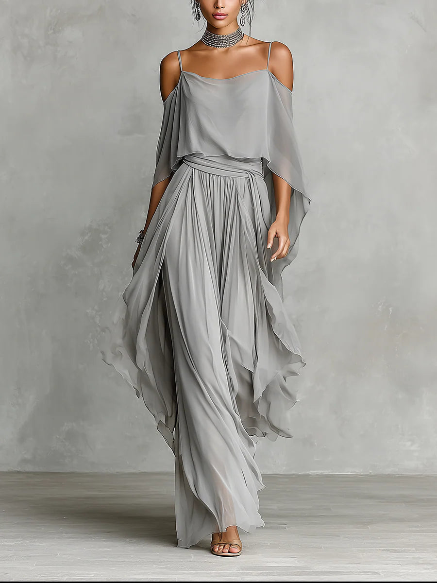 Ensemble Gris en Mousseline : Top Sans Manches et Pantalon
