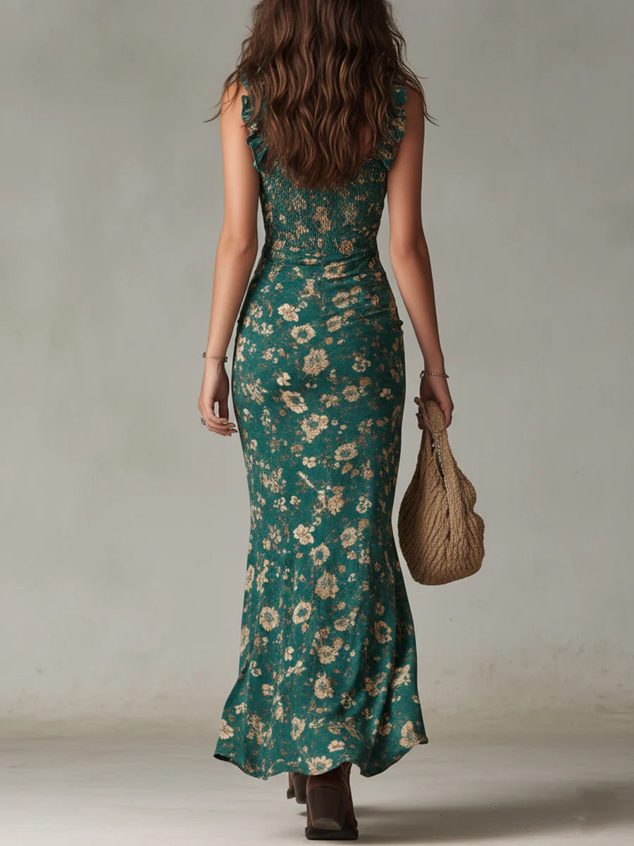Robe Maxi Verte Bohème à Imprimé et Manches à Volants