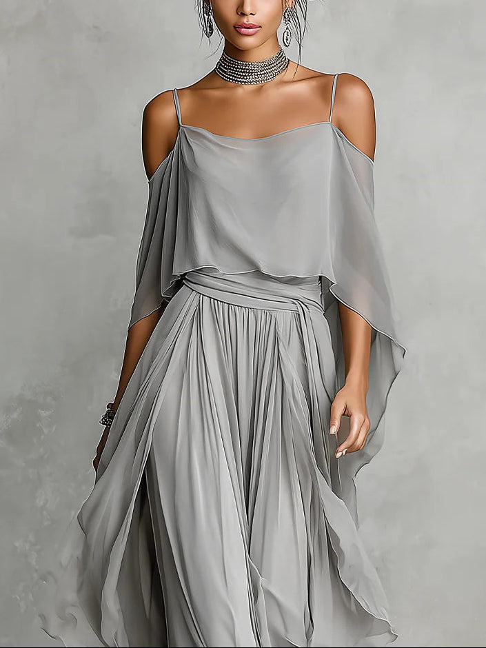 Ensemble Gris en Mousseline : Top Sans Manches et Pantalon