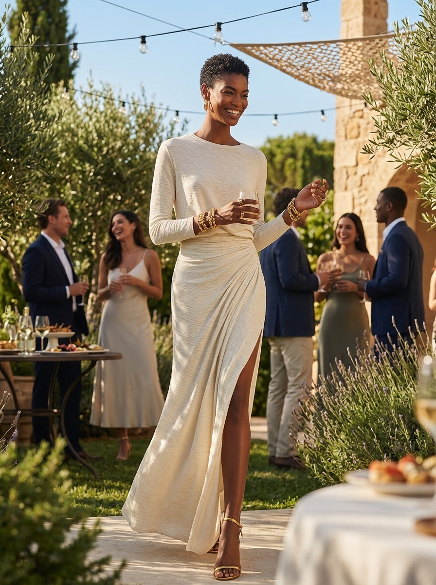 Robe Maxi Beige Col Rond Froncée avec Fente