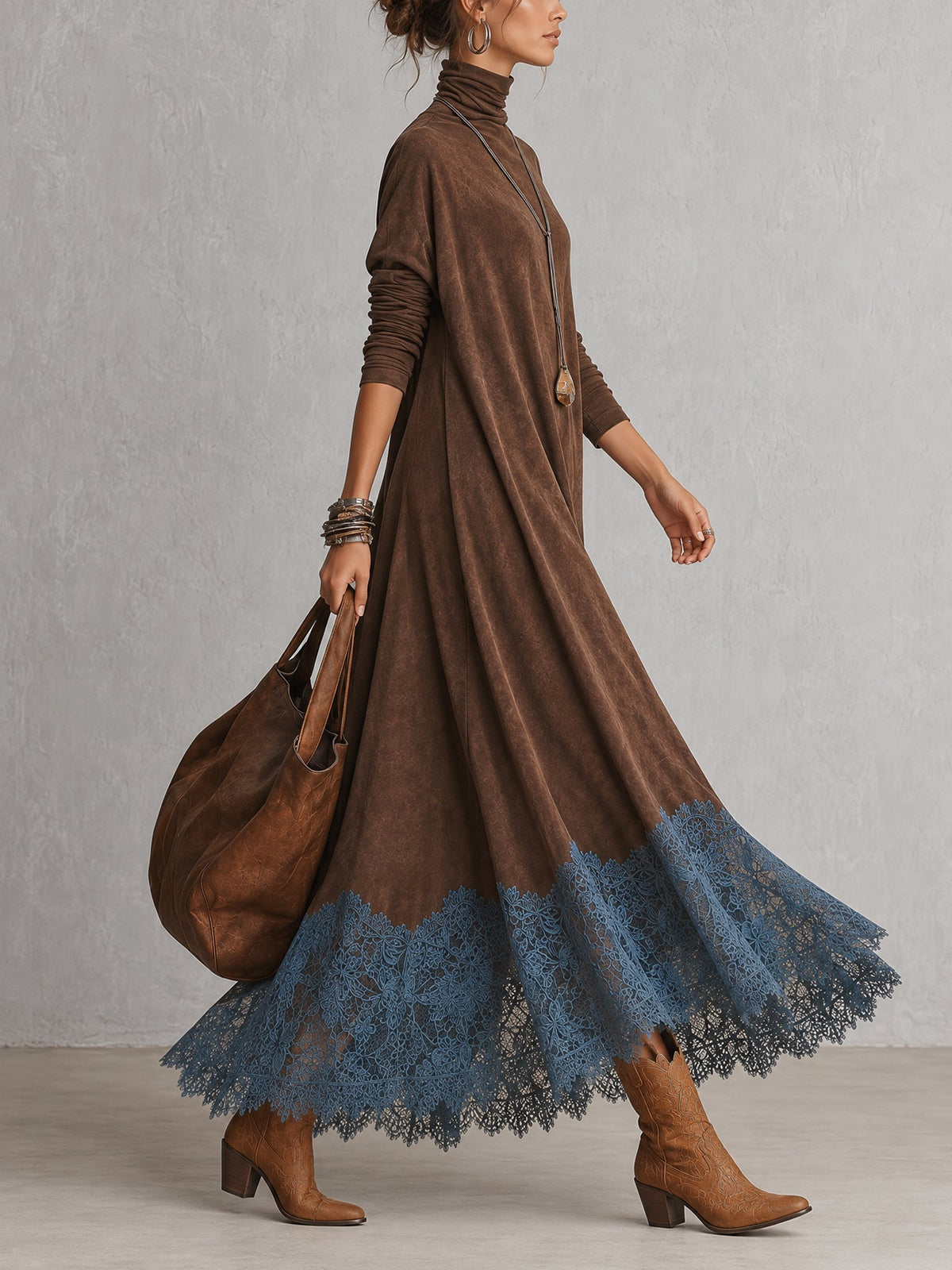 Vestido largo vintage marrón de efecto ante con mangas largas y bajo de encaje