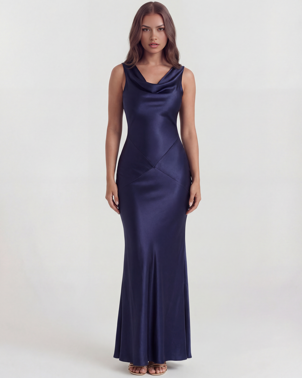 Robe longue satinée à décolleté drapé