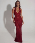 Robe longue brillante à col dos nu