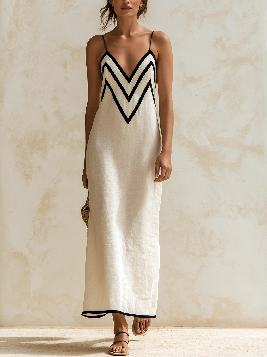 Inma · Robe longue style nuisette avec bordures contrastées à motif chevron