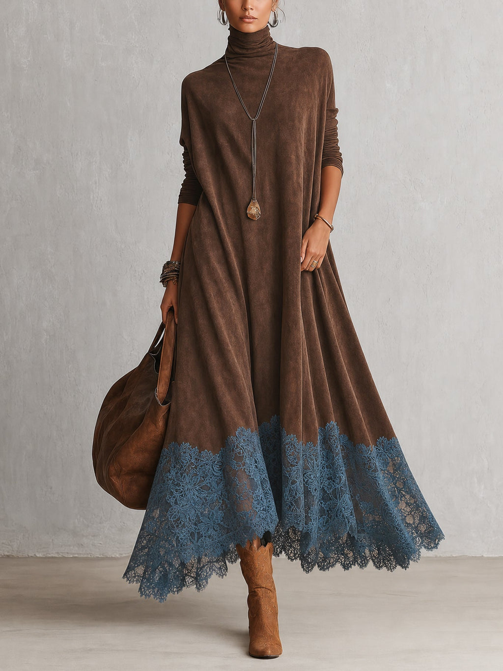 Piera - Robe longue effet daim avec ourlet en dentelle