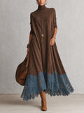 Vestido largo vintage marrón de efecto ante con mangas largas y bajo de encaje