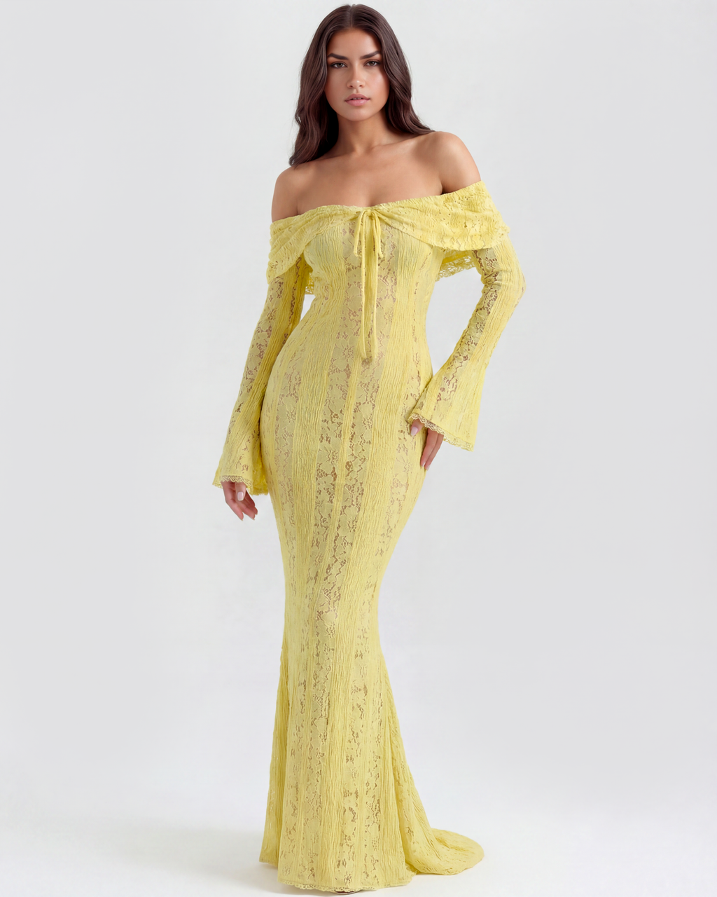 Robe longue en dentelle à encolure Bardot