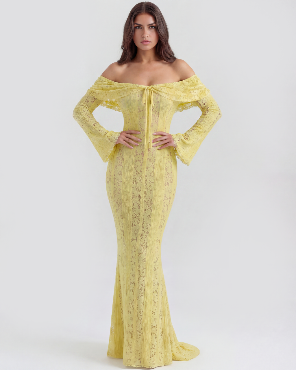 Robe longue en dentelle à encolure Bardot