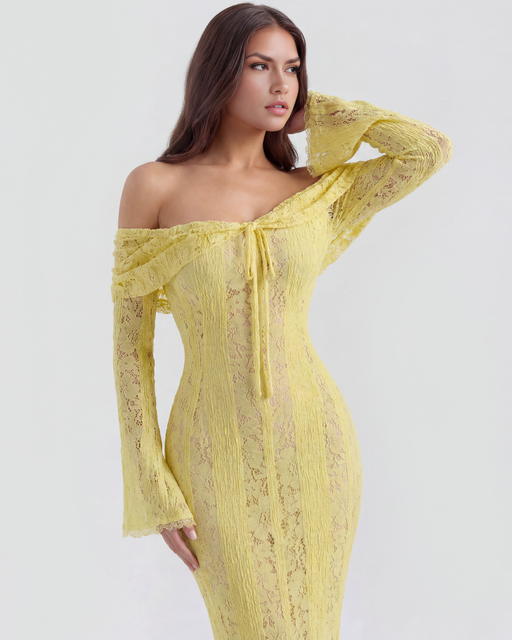 Robe longue en dentelle à encolure Bardot