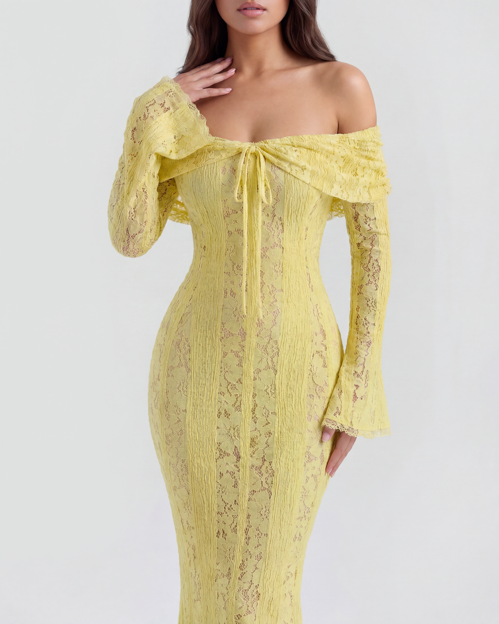 Robe longue en dentelle à encolure Bardot