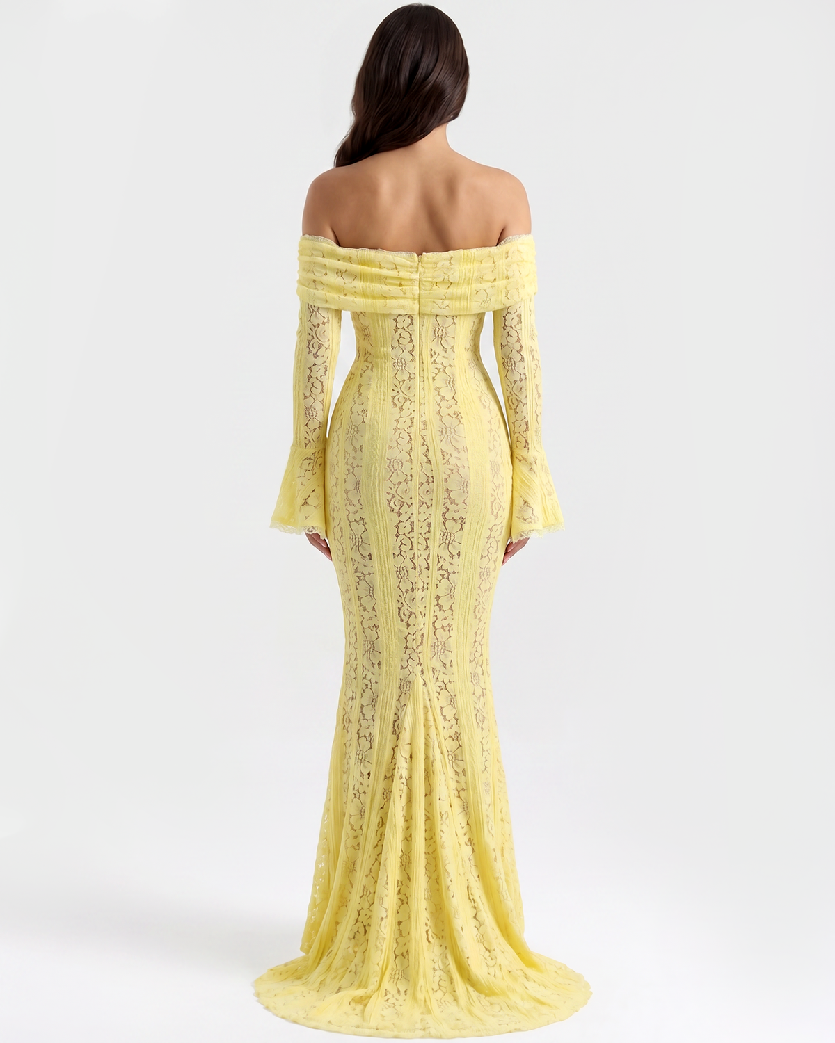 Robe longue en dentelle à encolure Bardot