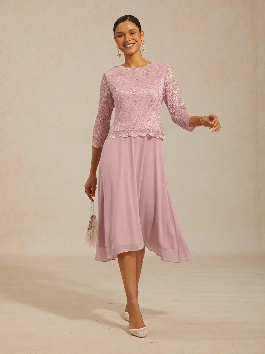 Robe midi en dentelle à manches trois quarts