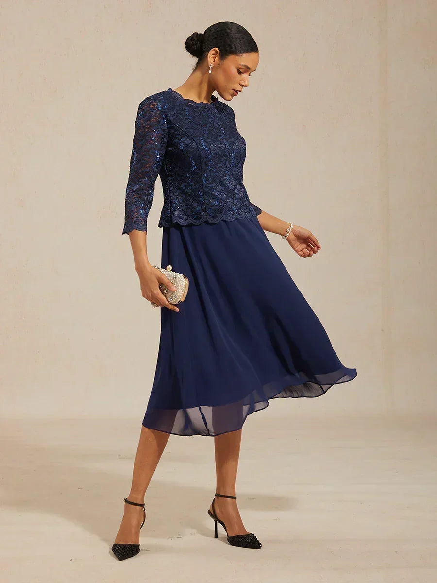 Robe midi en dentelle à manches trois quarts