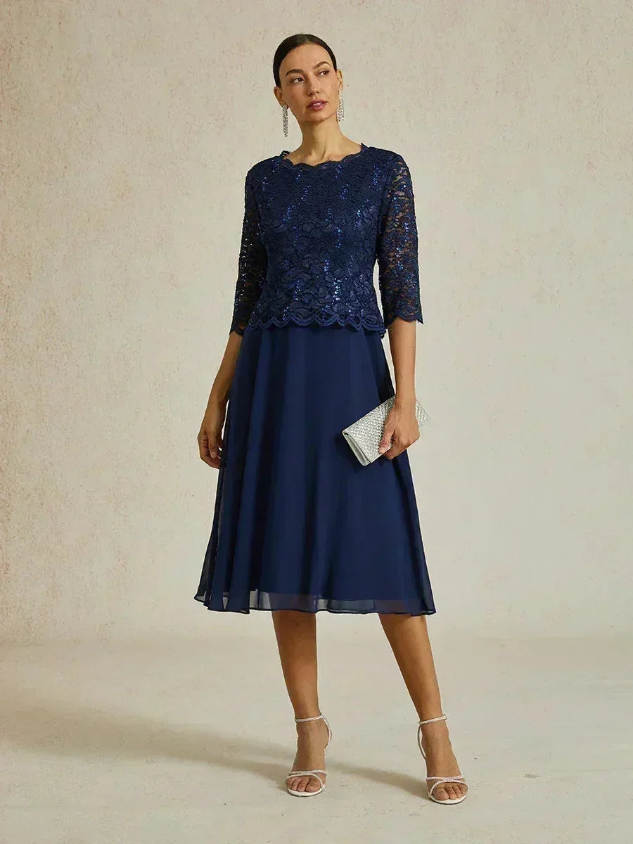Robe midi en dentelle à manches trois quarts