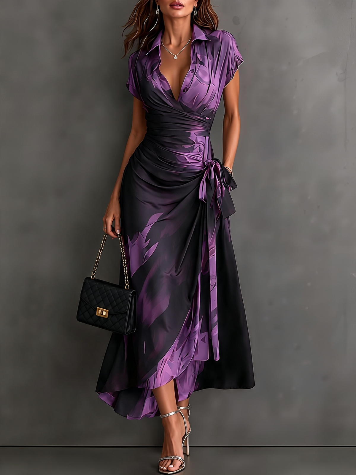 Rosalie | Robe Midi Croisée à Imprimé Abstrait, Col V, Manches Courtes, Ceinture et Ourlet Asymétrique à Volant