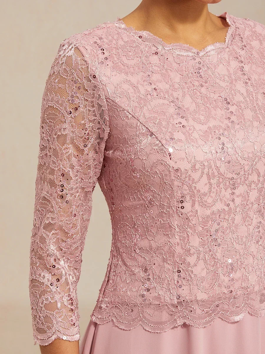 Robe midi en dentelle à manches trois quarts
