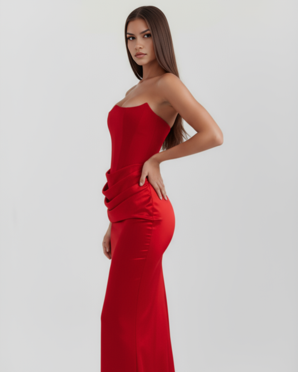 Robe longue satinée avec décolleté bustier