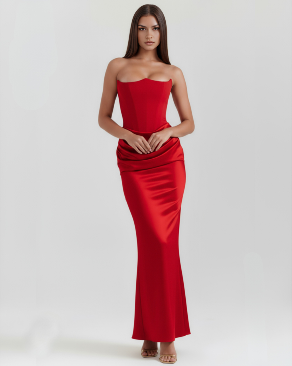 Robe longue satinée avec décolleté bustier