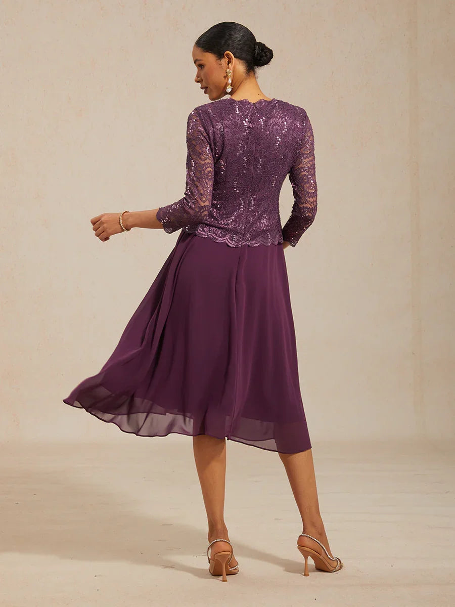 Robe midi en dentelle à manches trois quarts