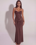 Robe longue avec corset brillant et drapé