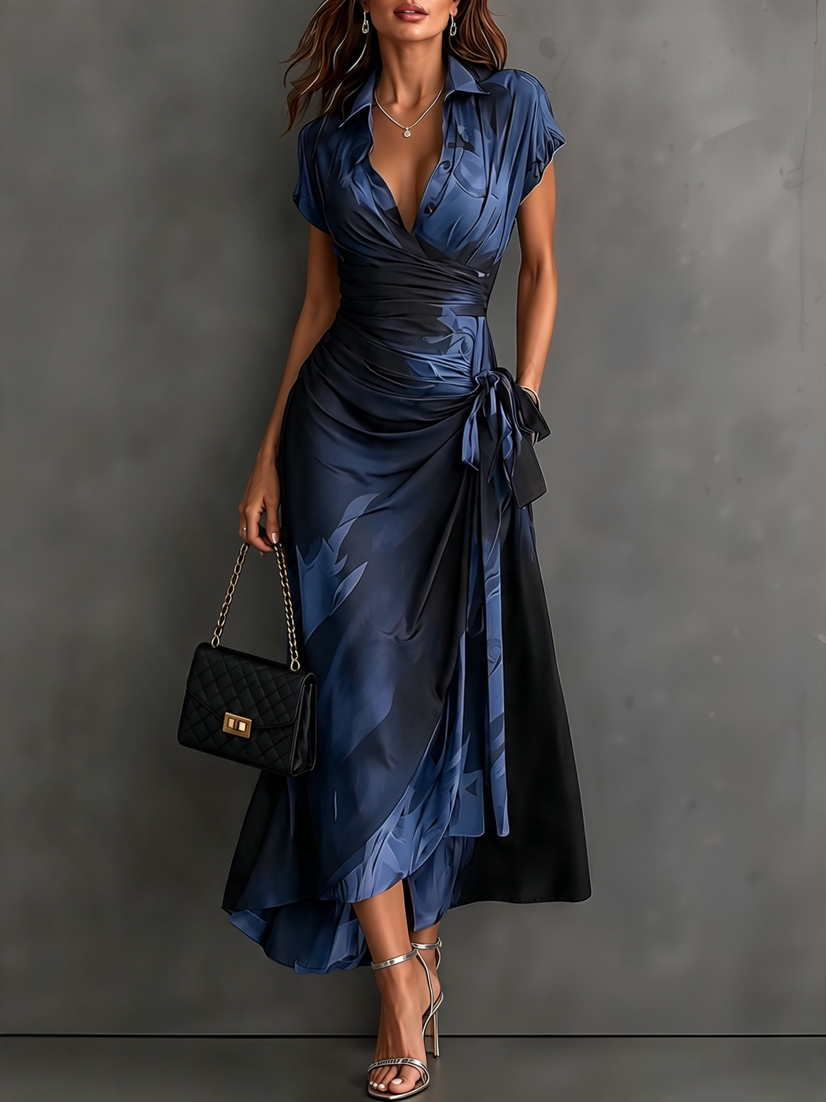 Rosalie | Robe Midi Croisée à Imprimé Abstrait, Col V, Manches Courtes, Ceinture et Ourlet Asymétrique à Volant