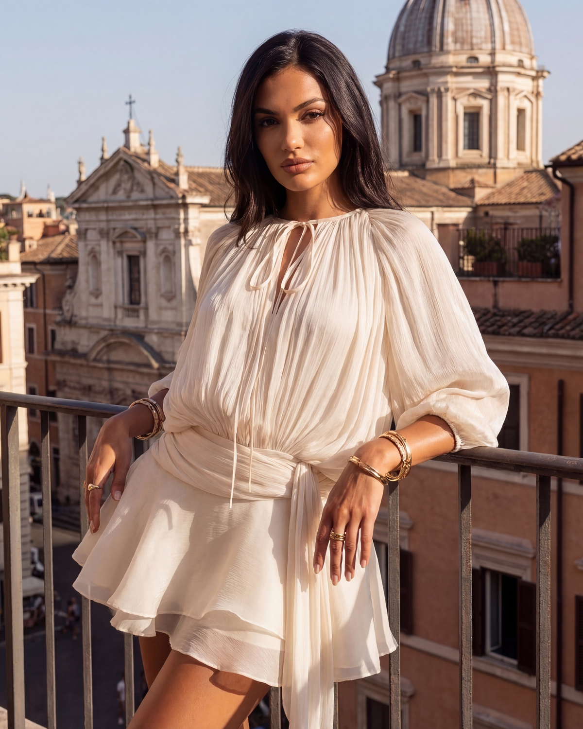Robe courte fluide à manches bouffantes