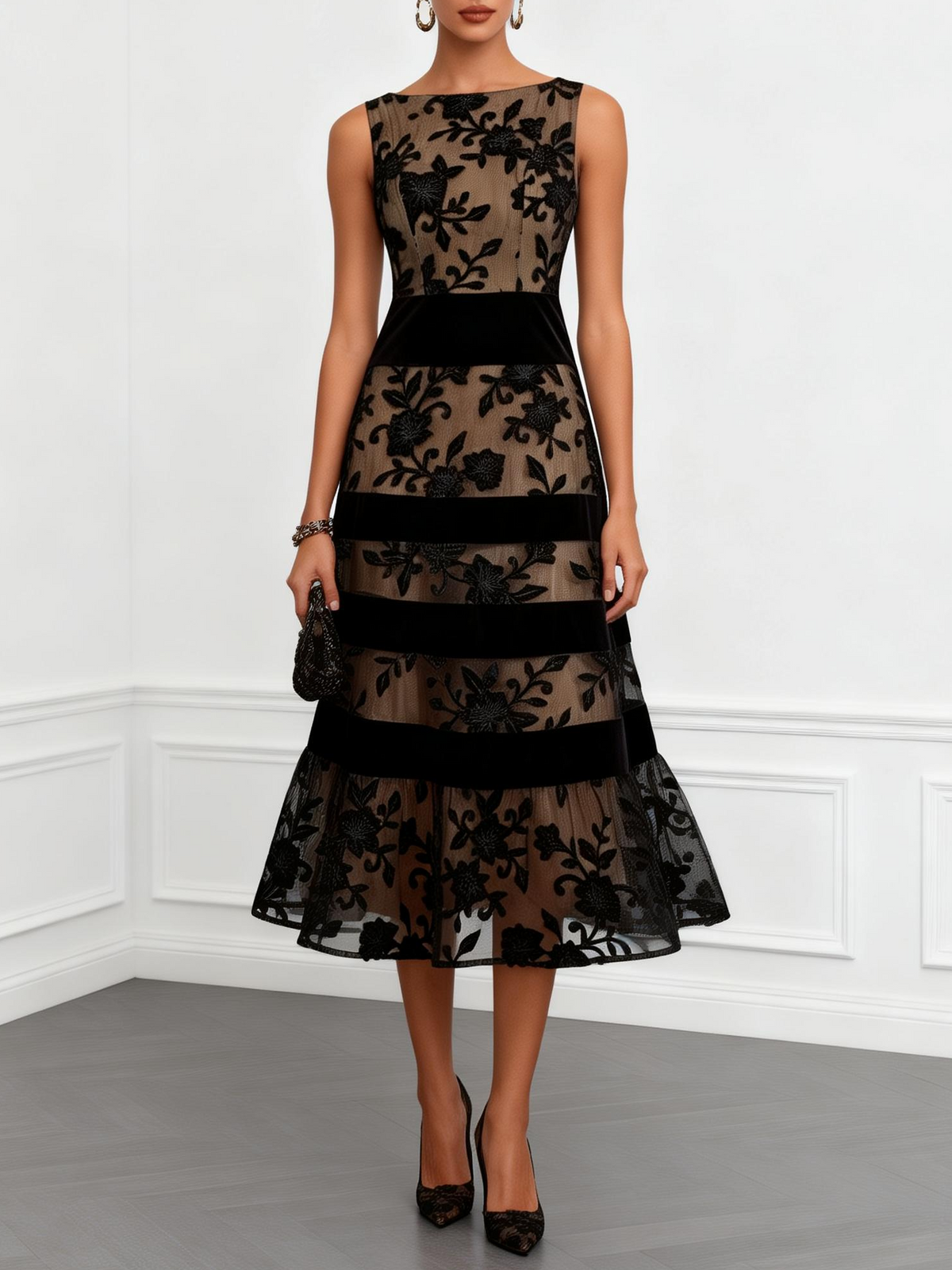 Robe Midi Sans Manches en Filet Noir à Fleurs Ligne A