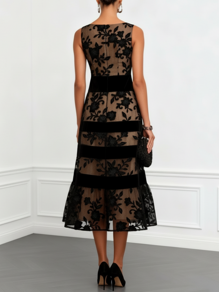 Robe Midi Sans Manches en Filet Noir à Fleurs Ligne A