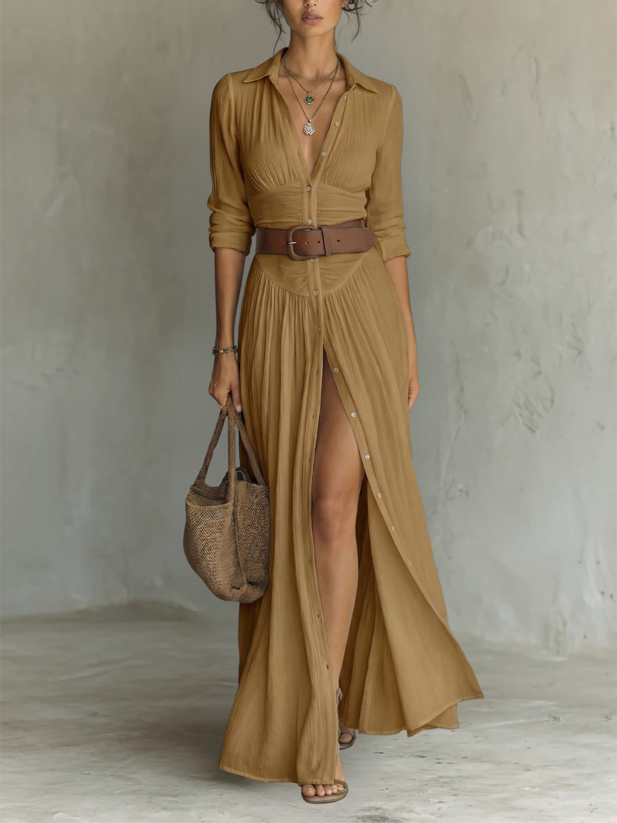 Valérie | Robe Maxi Longue à Col à Revers et Manches Longues