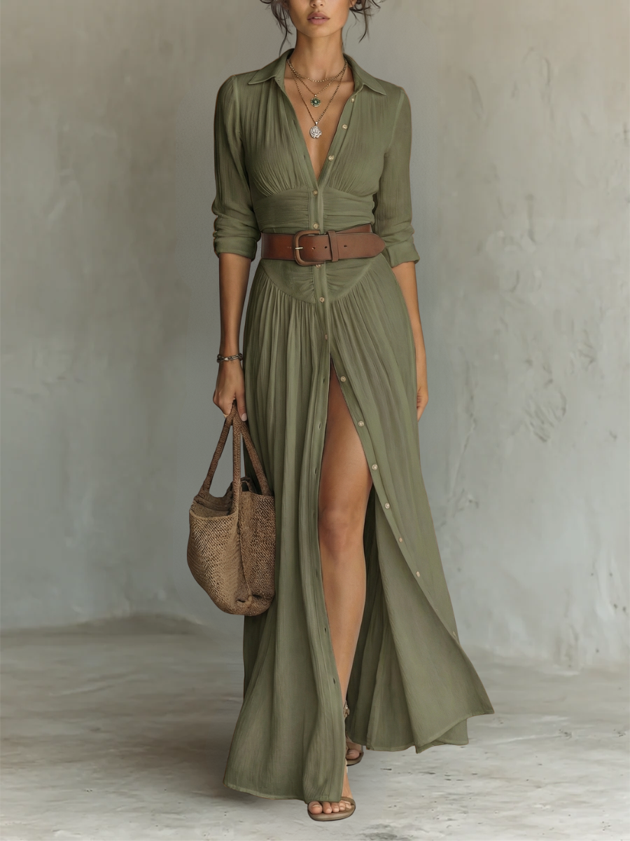 Valérie | Robe Maxi Longue à Col à Revers et Manches Longues