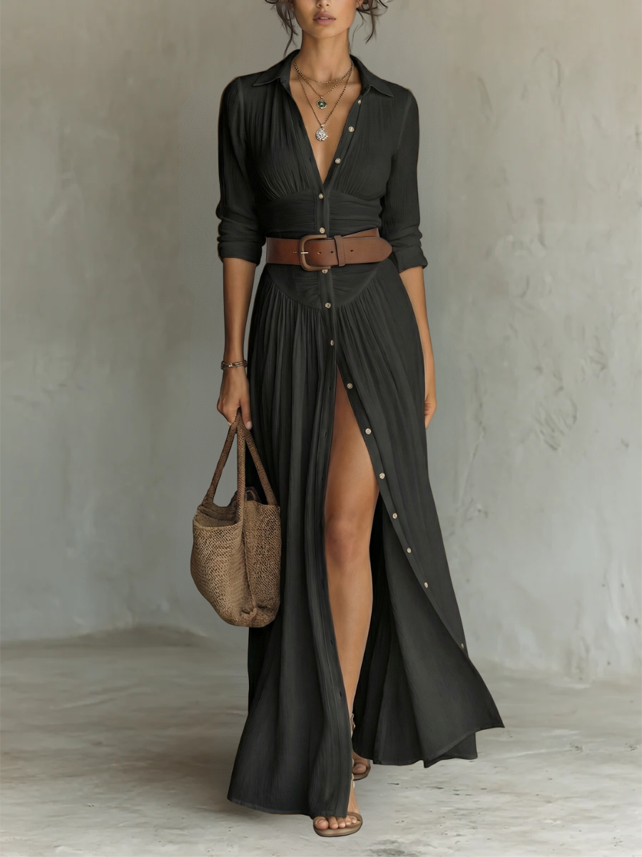 Valérie | Robe Maxi Longue à Col à Revers et Manches Longues