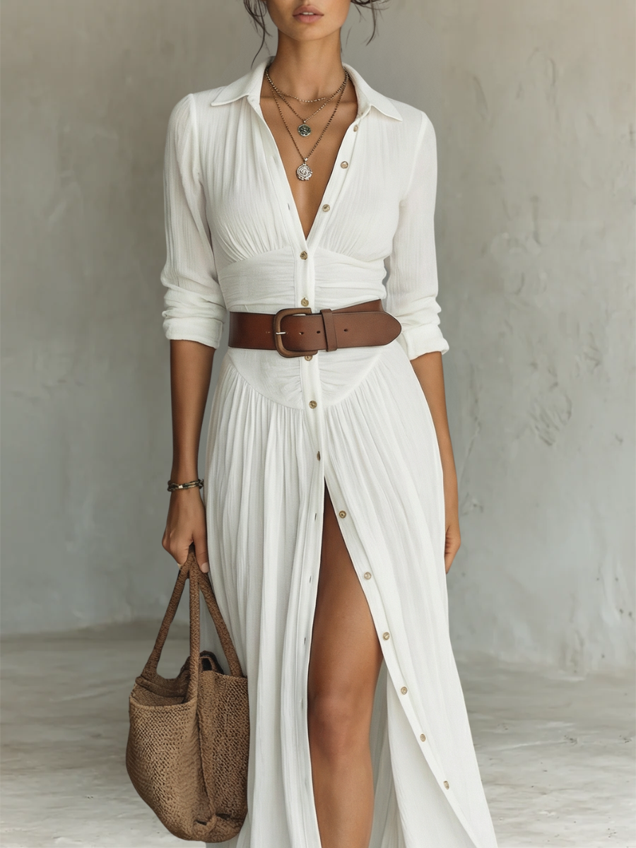 Valérie | Robe Maxi Longue à Col à Revers et Manches Longues