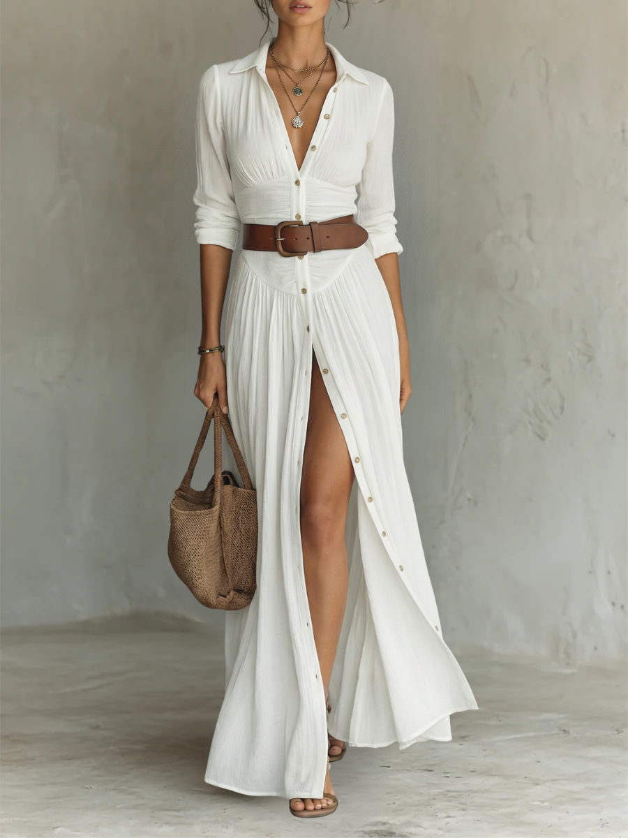 Valérie | Robe Maxi Longue à Col à Revers et Manches Longues