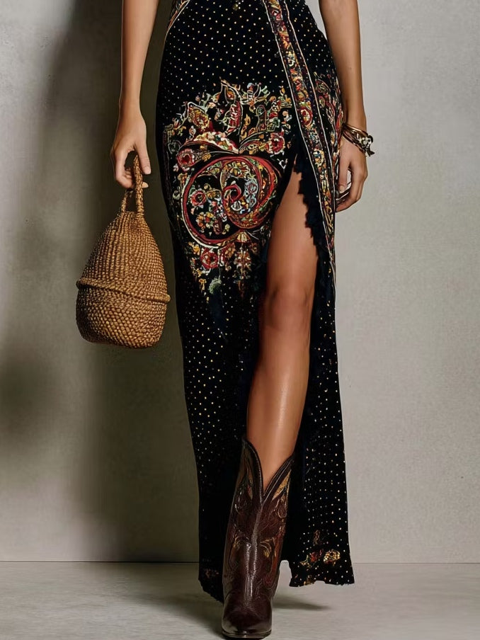 Robe bohème à imprimé ethnique et décolleté en V profond