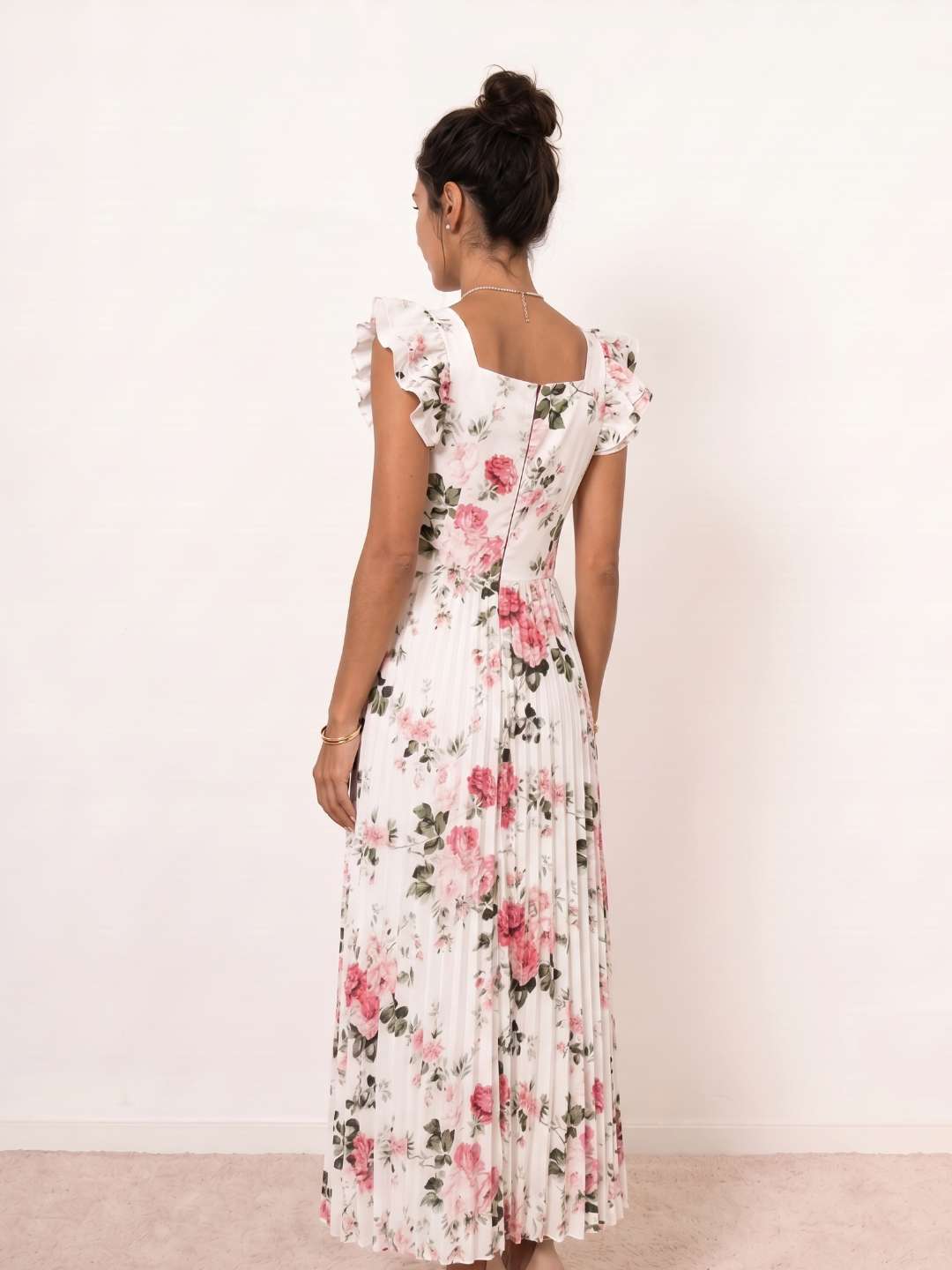 Robe midi fleurie plissée à volants