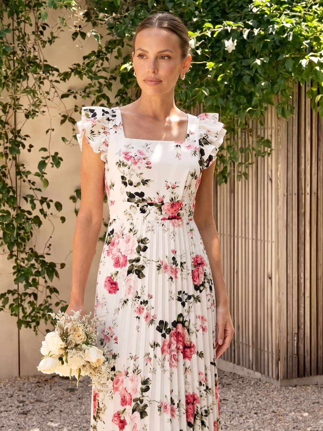 Robe midi fleurie plissée à volants