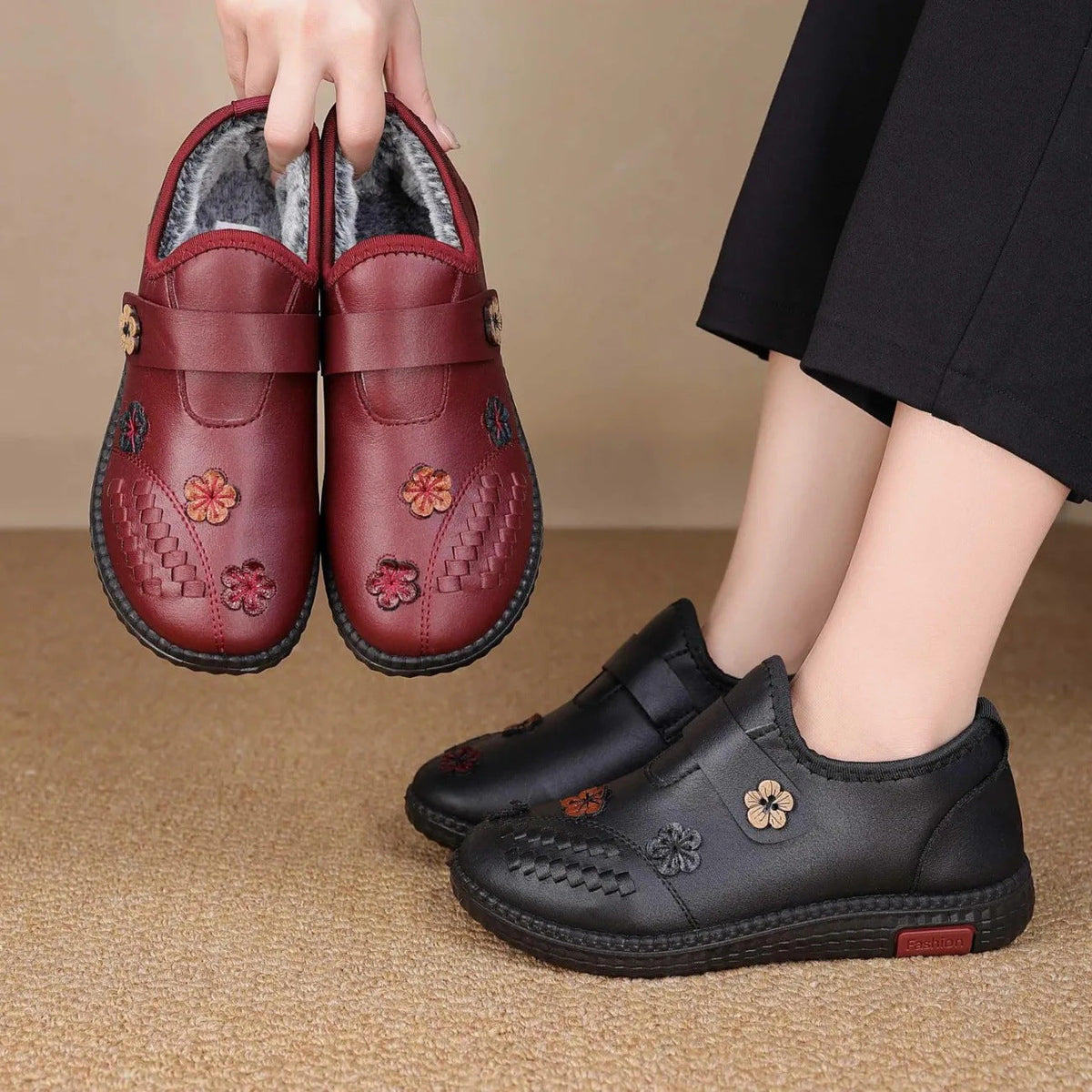 Pilar™ | Chaussures orthopédiques fourrées à fleurs brodées