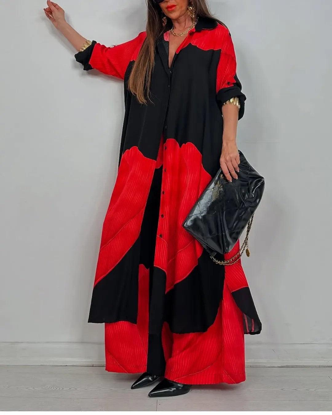 Ensemble casual femme haut col V patchwork et pantalon