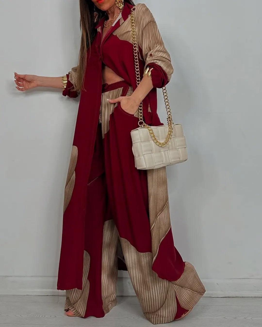 Ensemble casual femme haut col V patchwork et pantalon