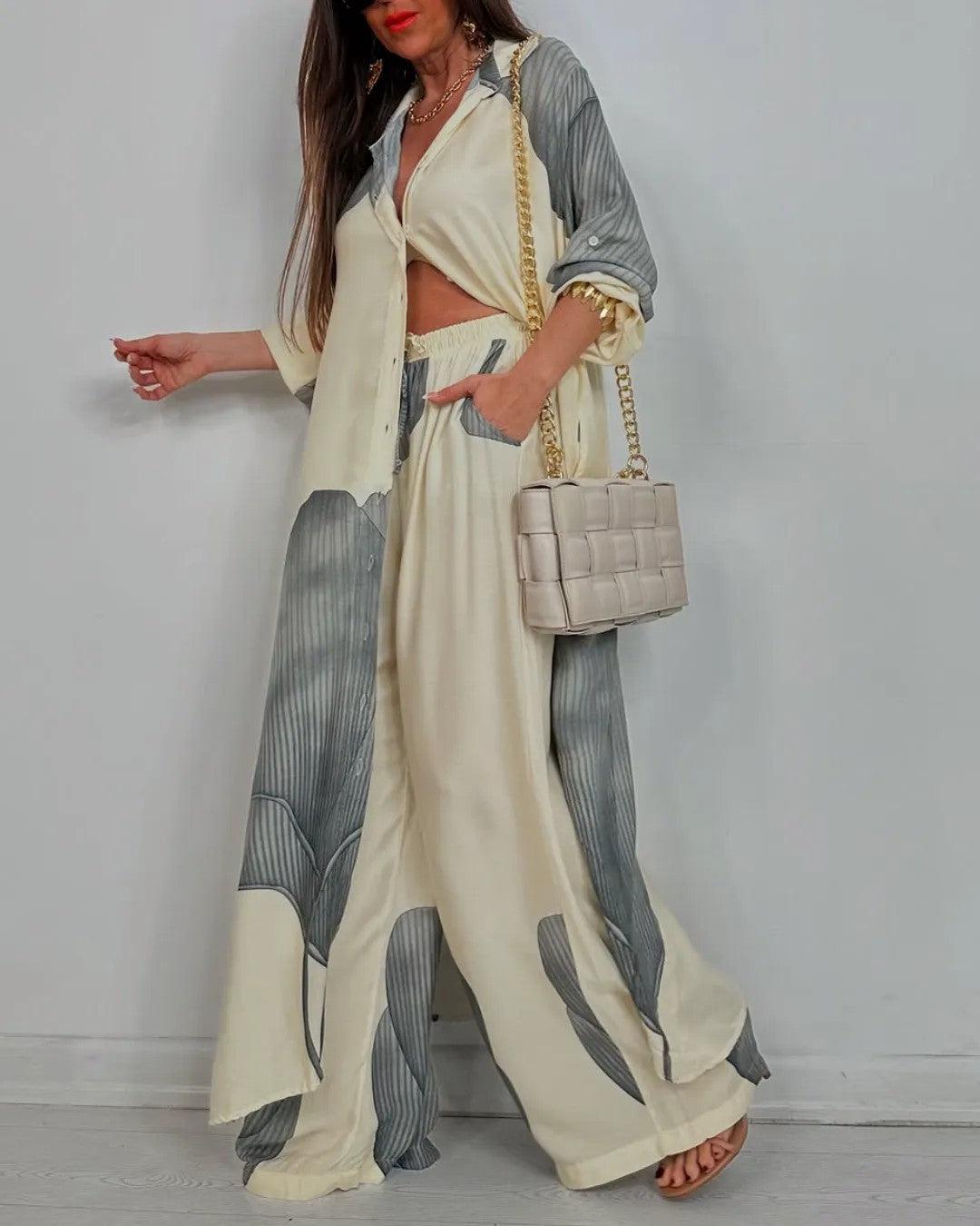 Ensemble casual femme haut col V patchwork et pantalon