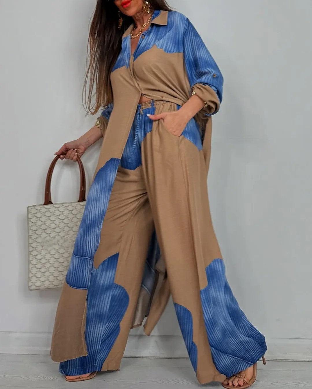Ensemble casual femme haut col V patchwork et pantalon