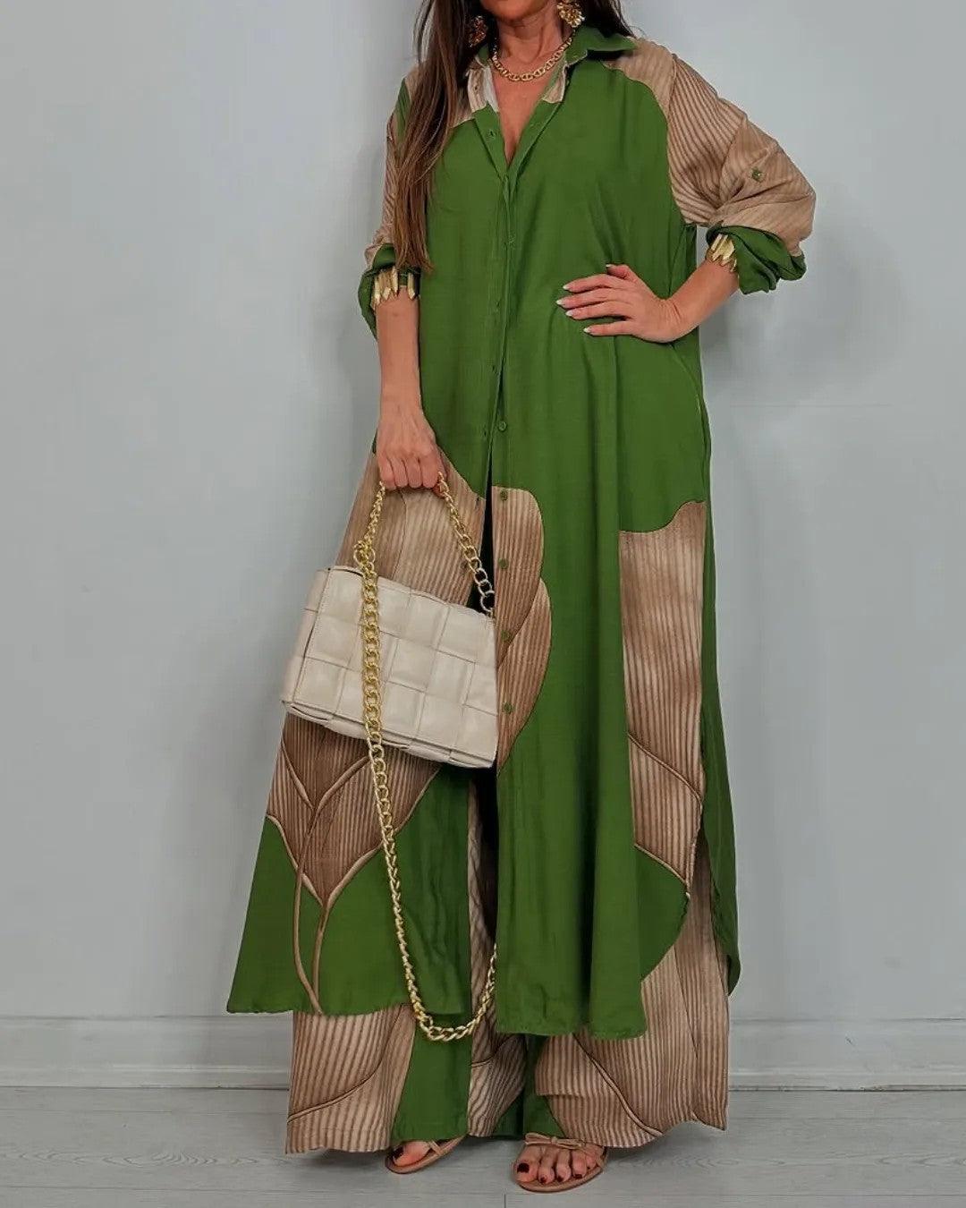 Ensemble casual femme haut col V patchwork et pantalon