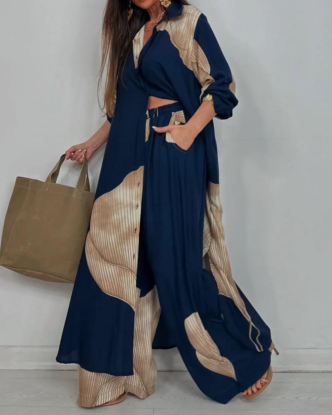 Ensemble casual femme haut col V patchwork et pantalon