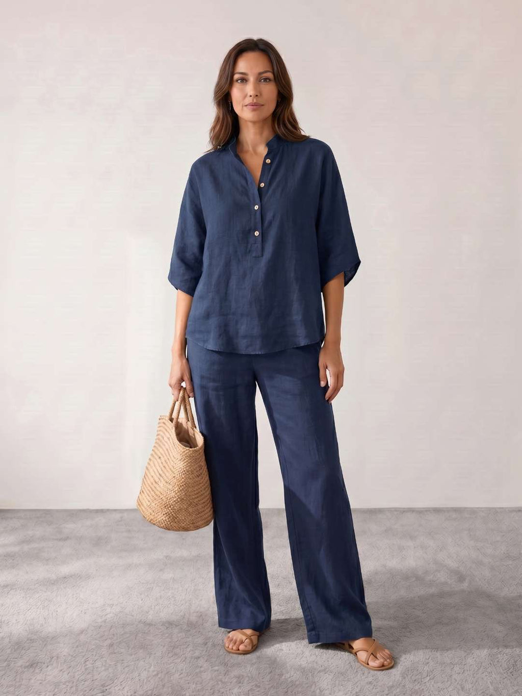 Ensemble en lin avec manches chauve-souris et pantalon large