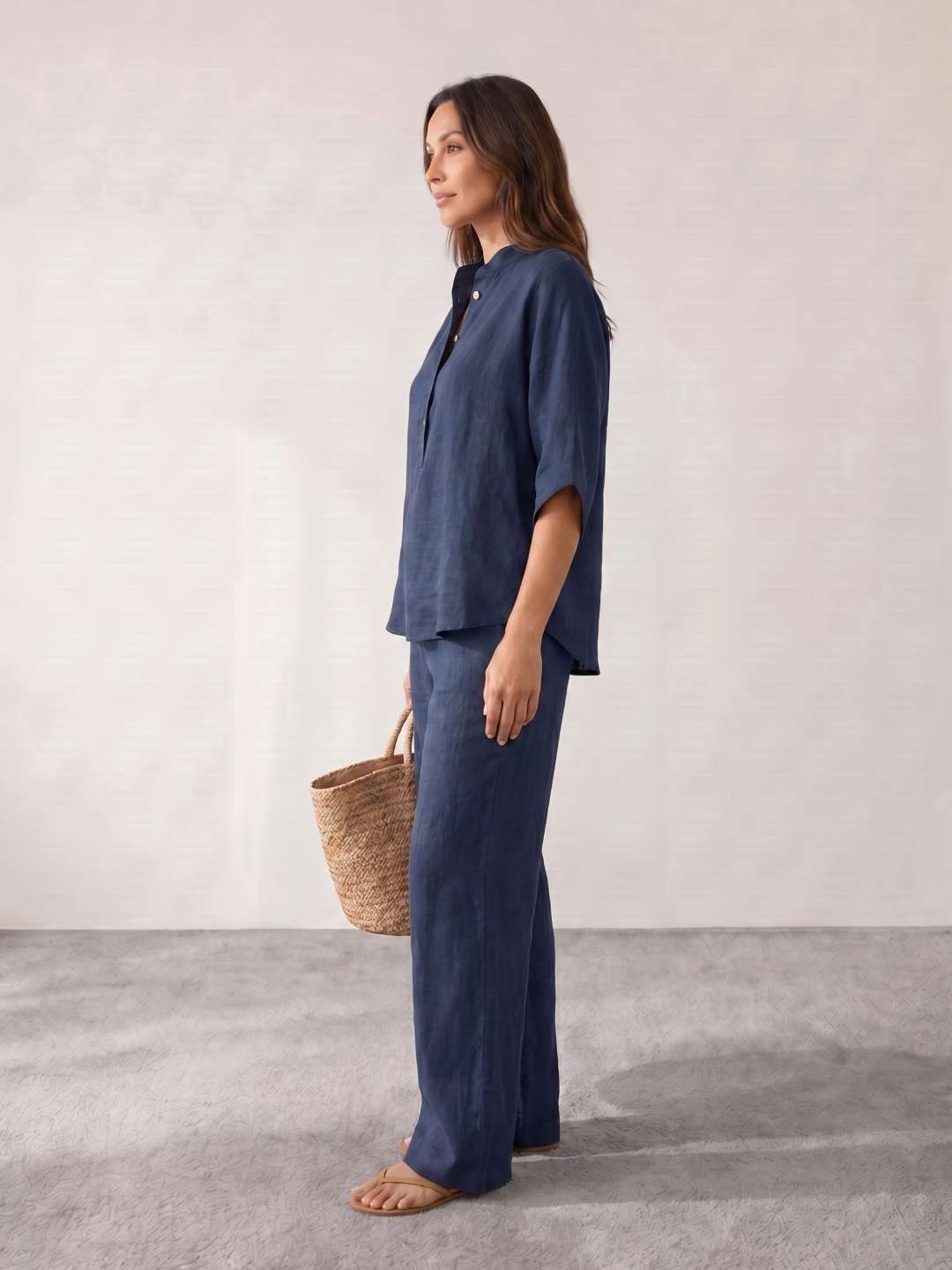 Ensemble en lin avec manches chauve-souris et pantalon large