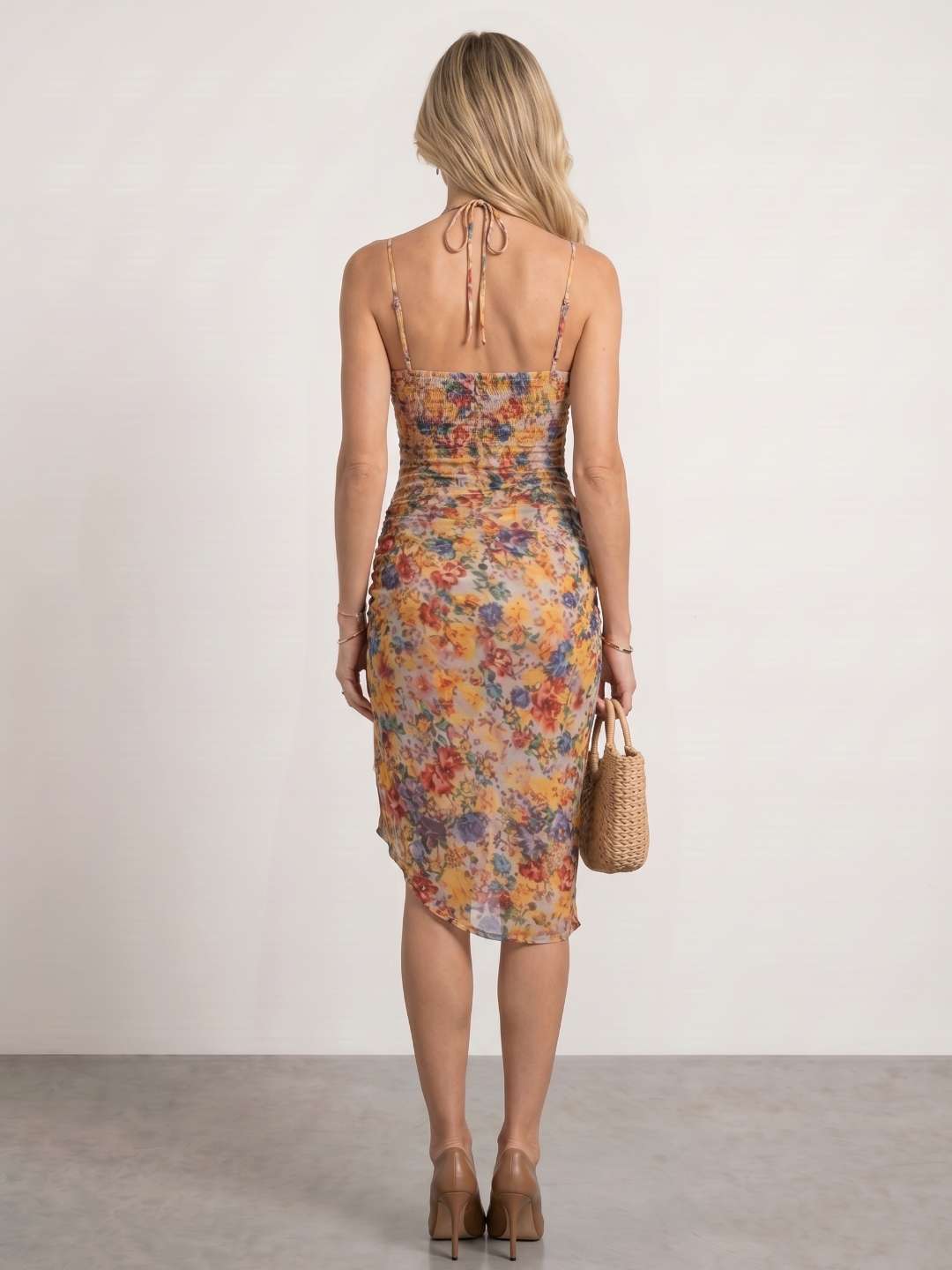 Robe midi imprimée froncée
