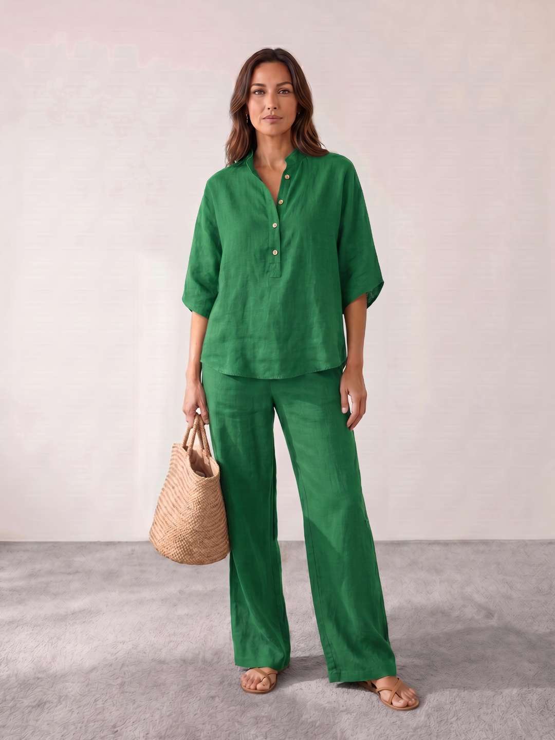Ensemble en lin avec manches chauve-souris et pantalon large