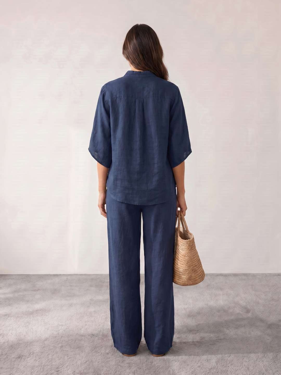 Ensemble en lin avec manches chauve-souris et pantalon large