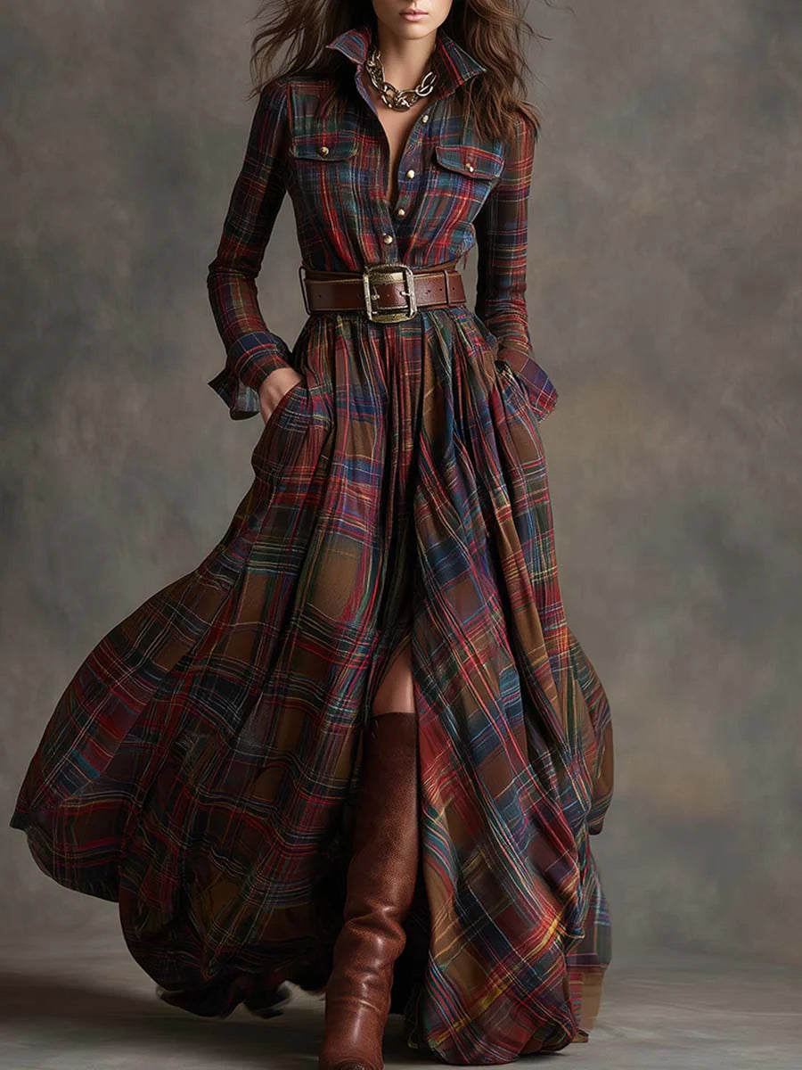 Robe longue rétro à carreaux brun rouge et col à revers
